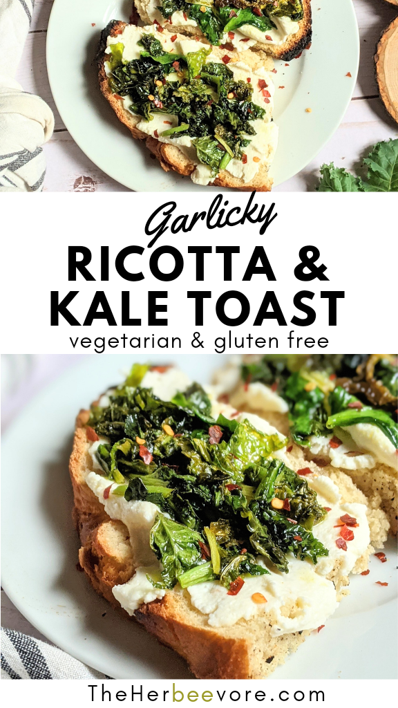 kale ricotta toast recipe garlic toast with sauteed kale creamy green toast recipes with kale and ricotta and chili pepper flakes vegetarian dairy free and vegan breakfast options high protein ricotta toast ideas options