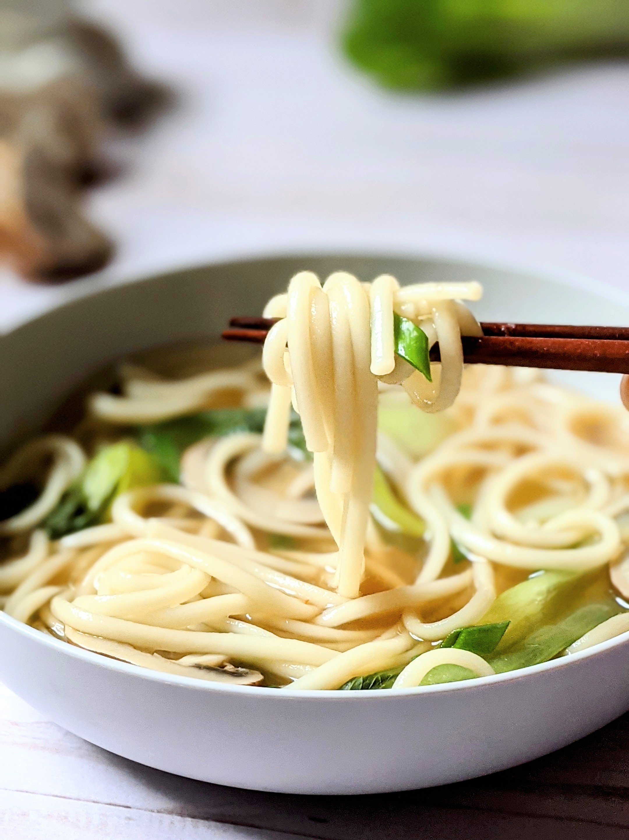 vegan udon noodle soup with vegetables healthy kale udon noodle sous with bok choy and green onions scallions vegetarian quick soups with udon noodles