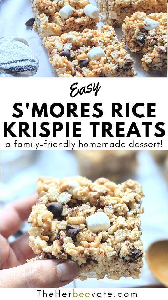 s'mores rice krispie treats recipe rice crispy treats with s'mores ingredients graham cracker s'mores with milk chocolate chips and marshmallows fun easy rainy day treats for kids no bake s'mores dessert