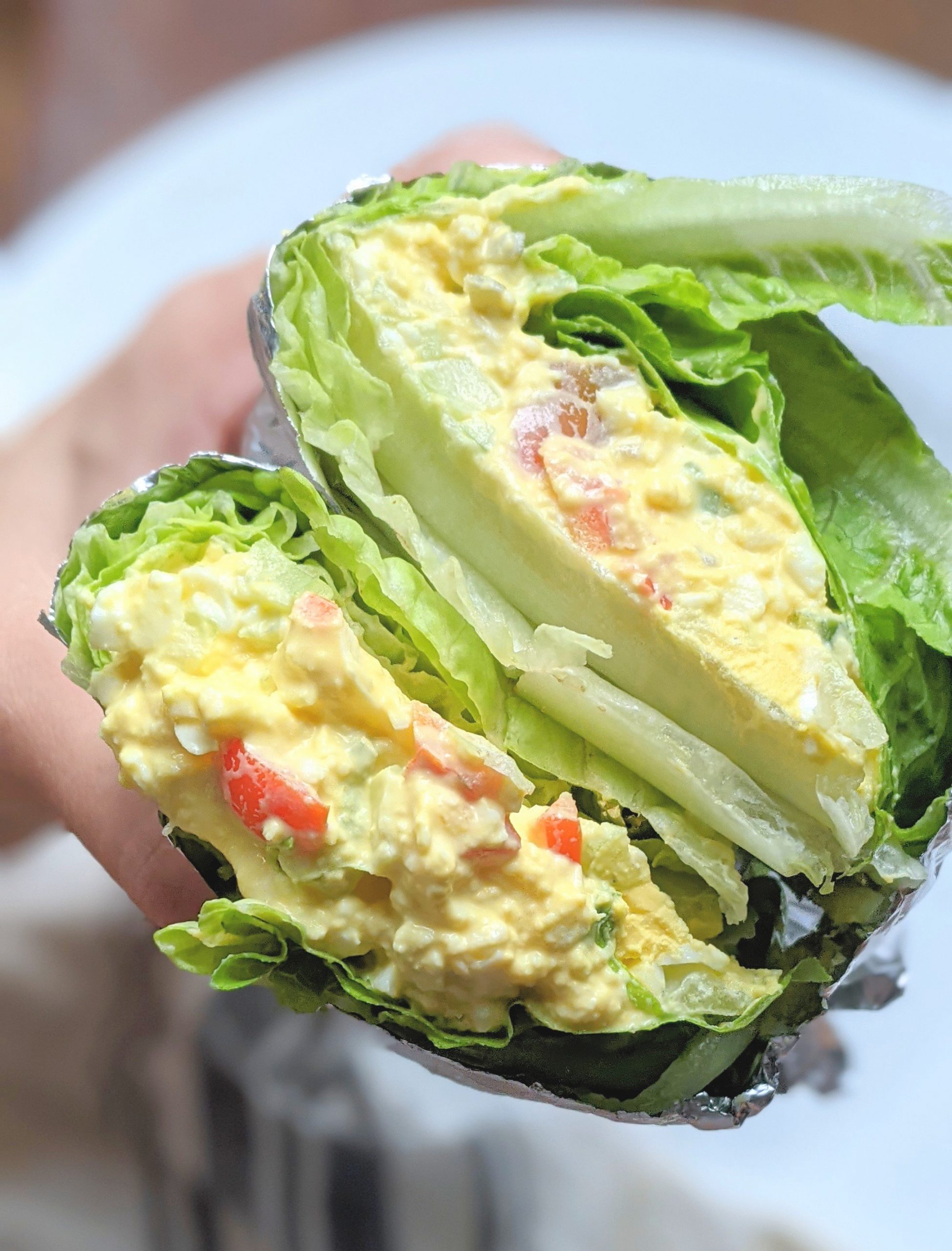 keto egg salad wrap recipe with romaine lettuce and easy peel hardboiled eggs for lunch