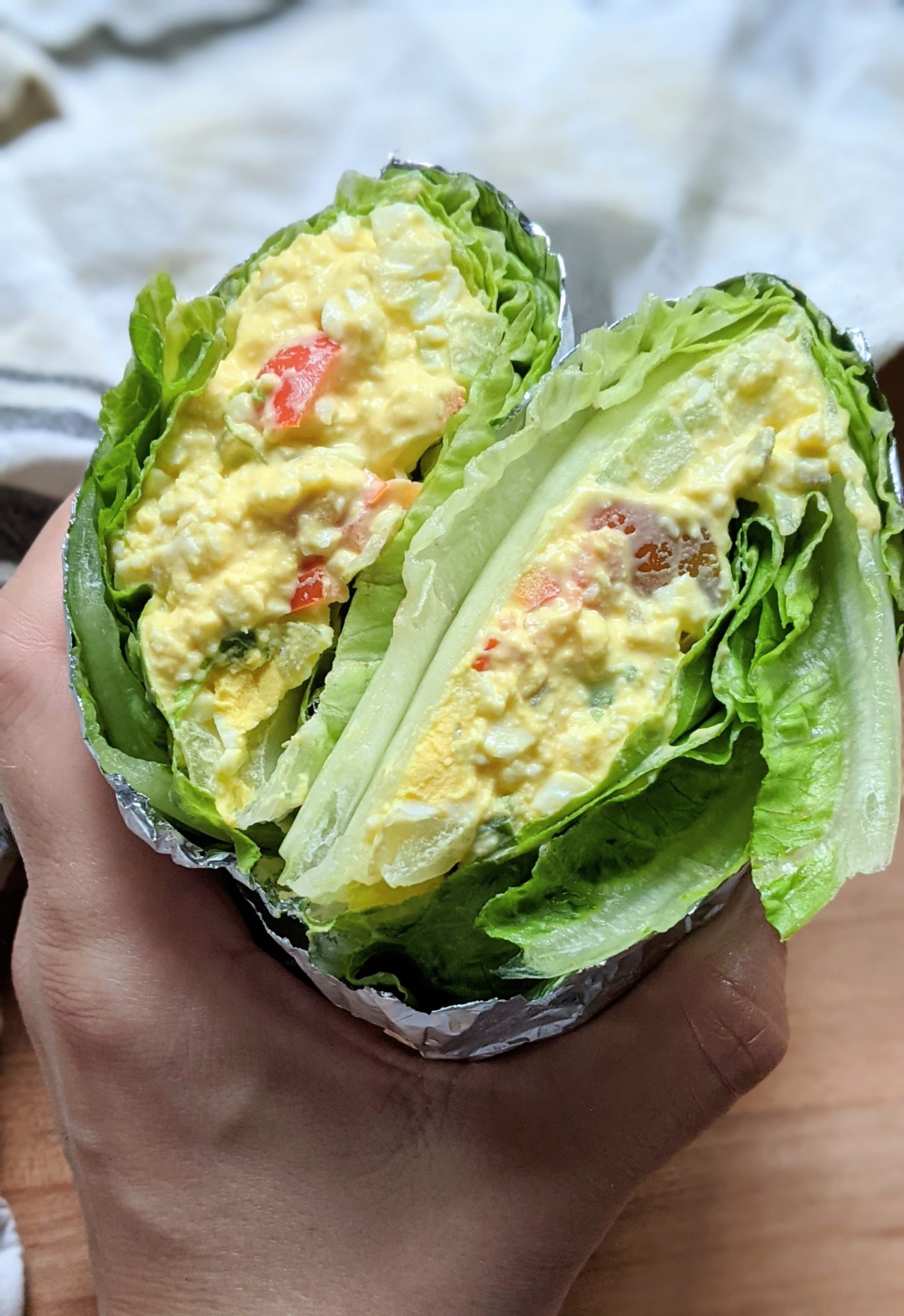 creamy keto egg salad lettuce wraps with romaine lettuce and low carb mayo mustard and dill relish egg salad
