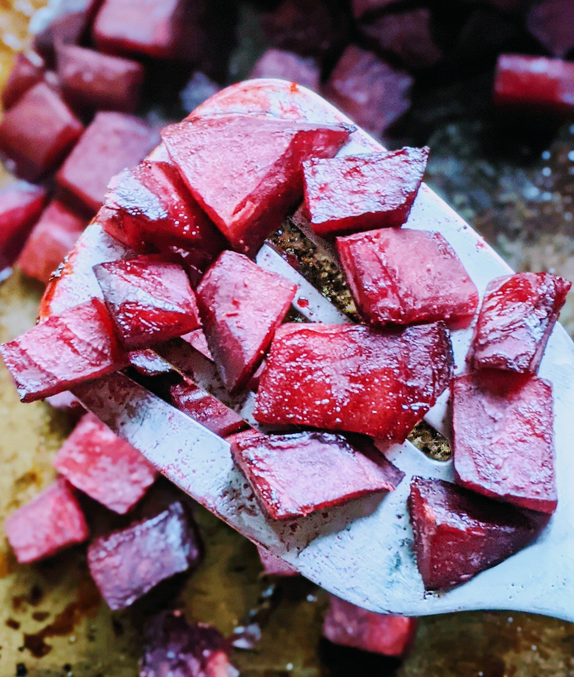 oven baked beets in a sheet pan with honey and olive oil vegetable bake