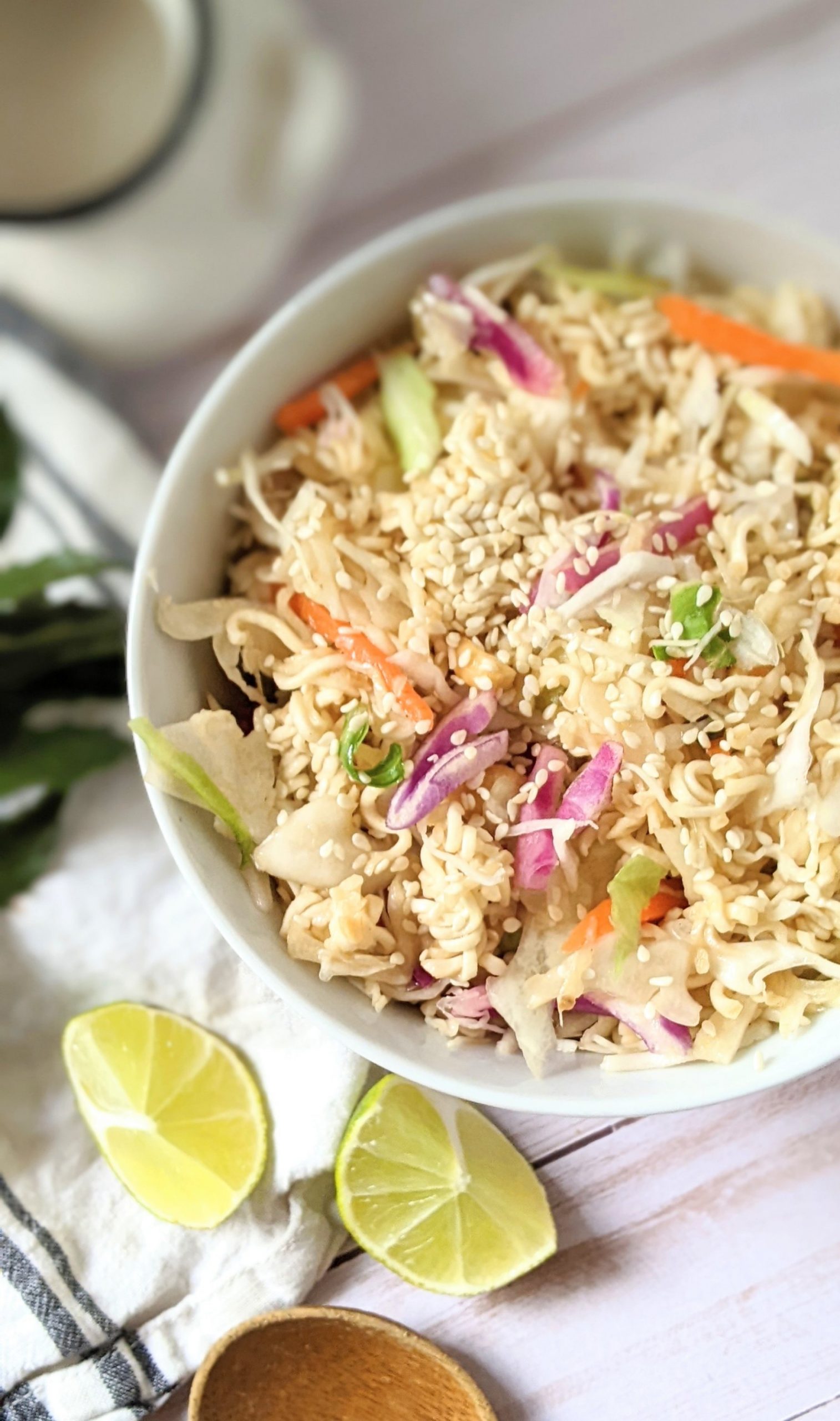 ramen salad with coleslaw in a sesame lime dressing with peanuts
