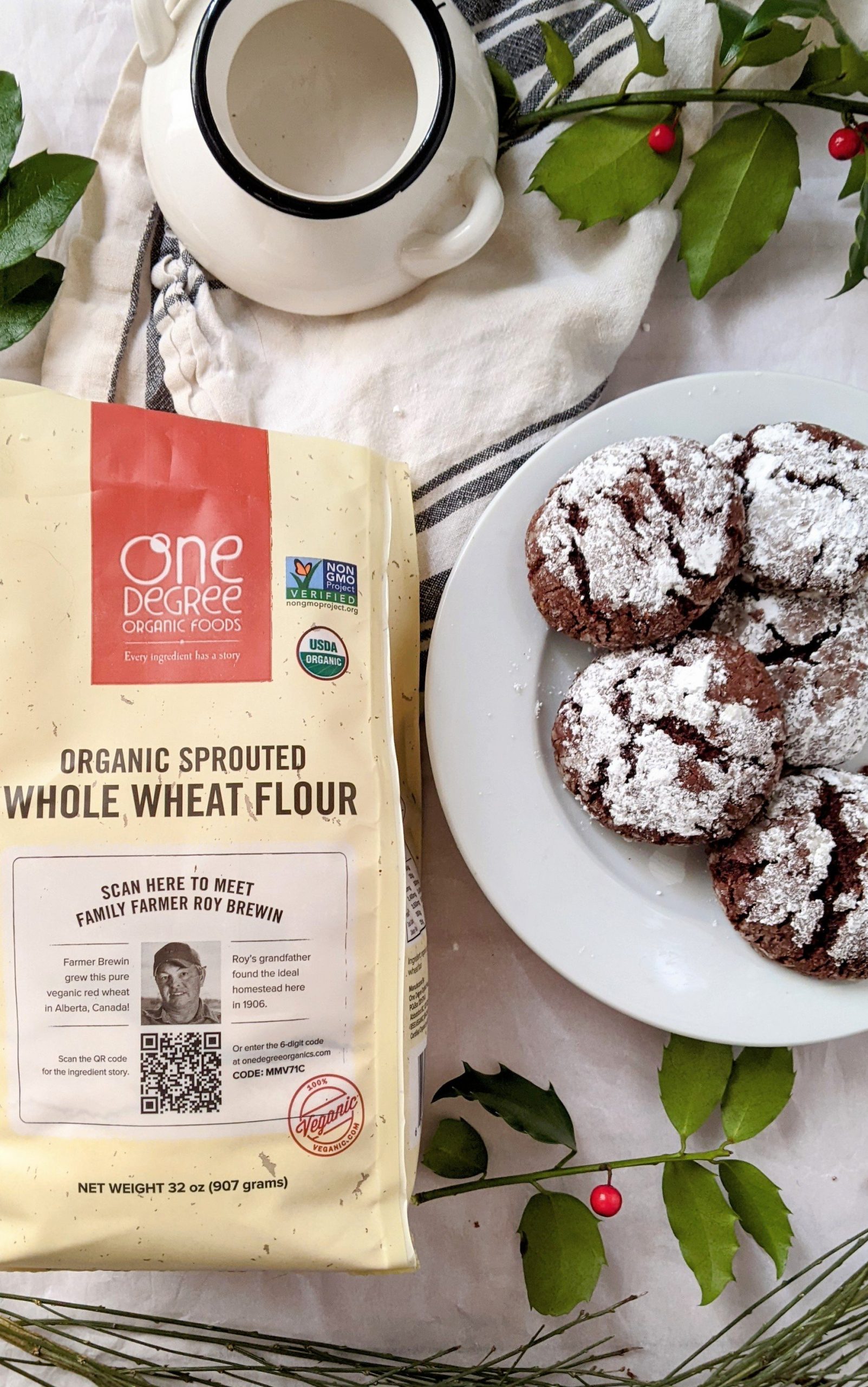 dairy free crinkle cookies without eggs vegan holiday baking recipes plant based healthy chocolate cookies whole wheat flour one degree organics