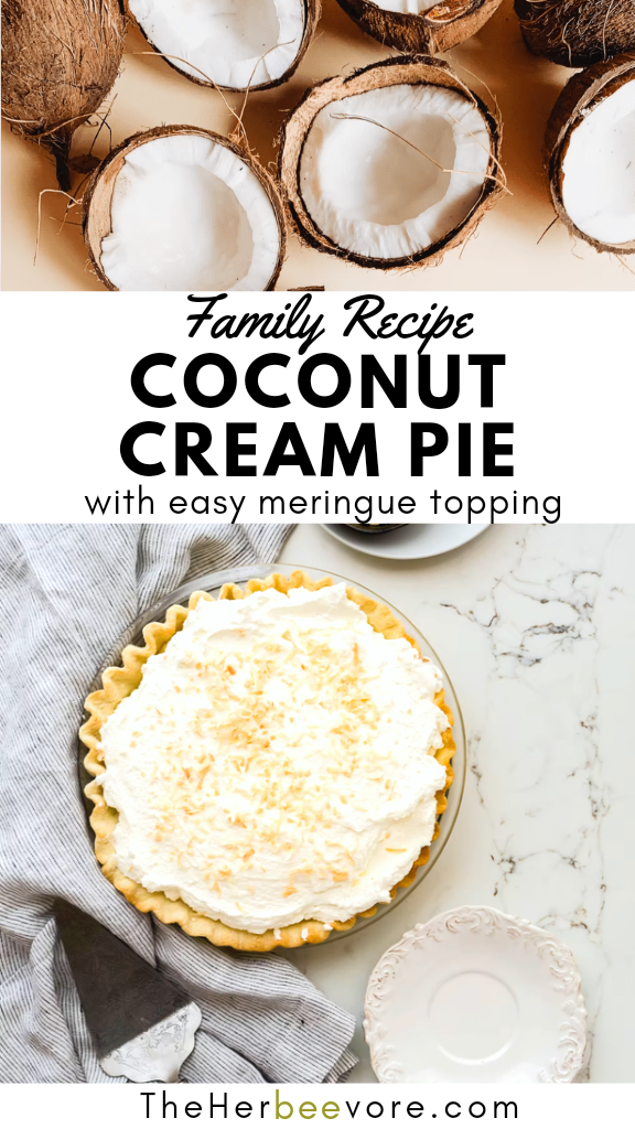 meringue coconut cream pie recipe with sugar corn starch shredded coconut flakes milk eggs and butter in a store bough pie crust decadent family recipes for pie