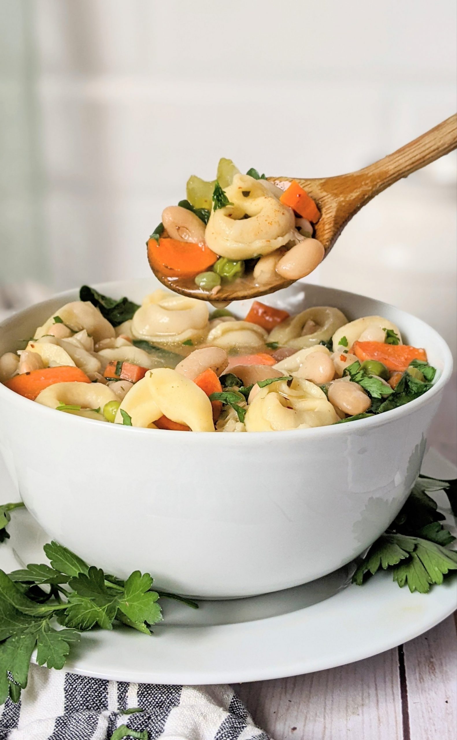tortellini bean soup recipe with navy beans or cannellini bean soup with tortellini pasta cheese or pesto vegetarian meatless tortellini soup recipes without meat