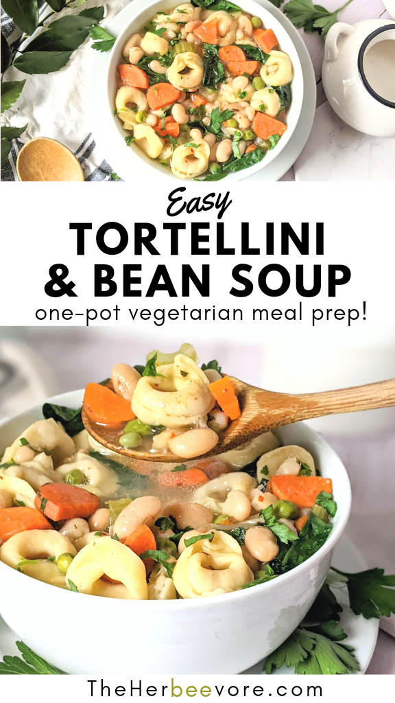 tortellini bean soup recipe vegetarian high protein soup with pasta beans and vegetables carrots celery peas and spinach meatless tortellini recipes