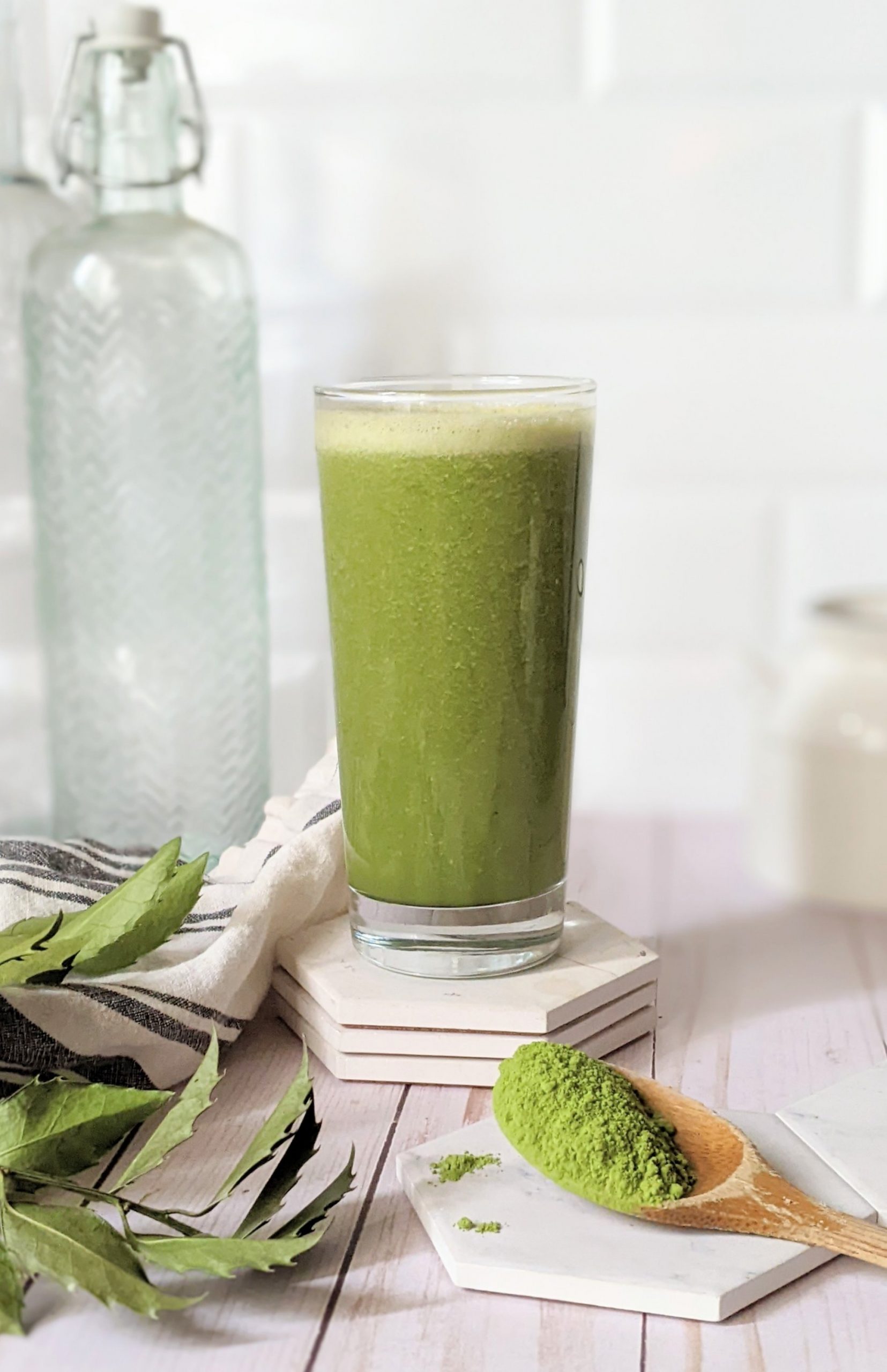 tropical matcha green tea smoothie recipe with banana pineapple oranges water ice almond milk and flaxseed vegan gluten free dairy free healthy matcha recipes breakfast