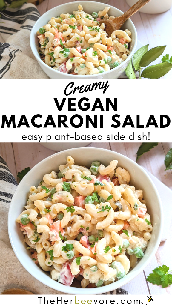 creamy vegan macaroni salad recipe with peas carrots bell pepper celery vegan mayo dairy free mac salad with apple cider vinegar dressing