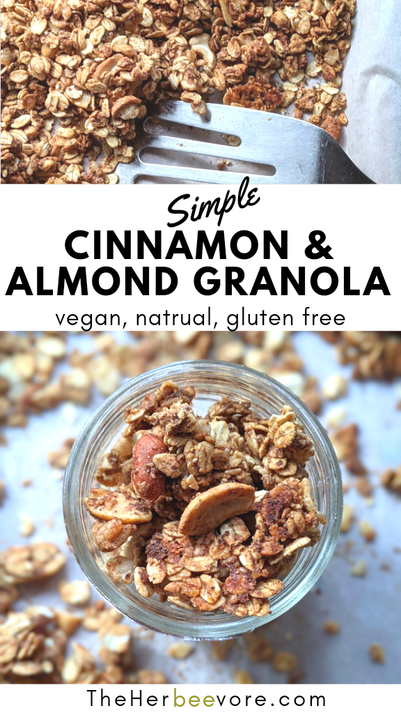 cinnamon almond granola recipe with maple syrup oats nuts spices cashews and rice cereal