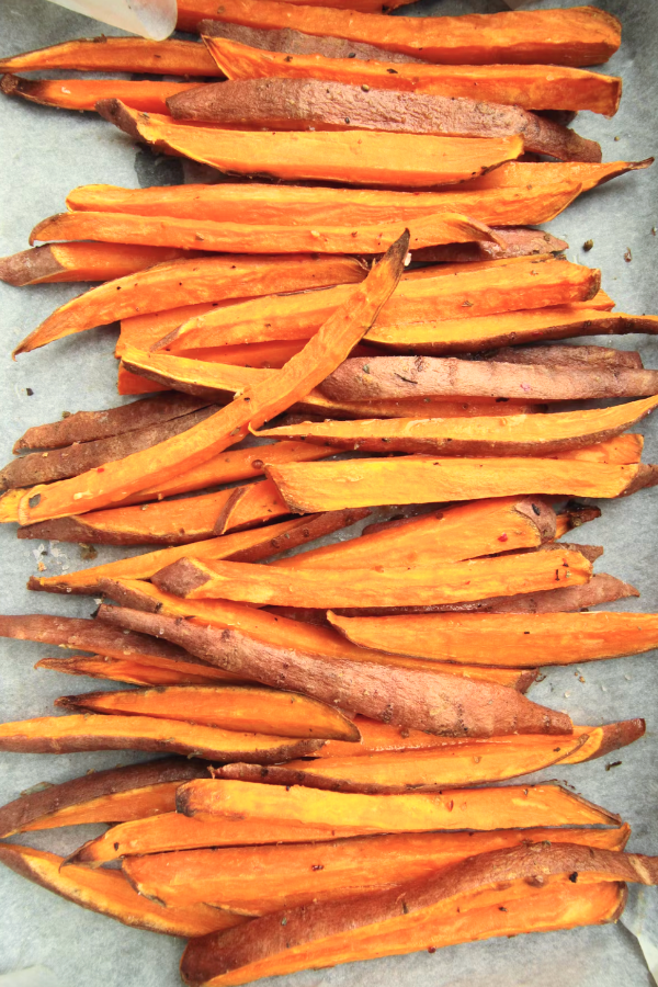 coconut oil sweet potato fries roasted in the oven vegan gluten free whole30 healthy sheet pan recipes vegetarian side dishes for dinner