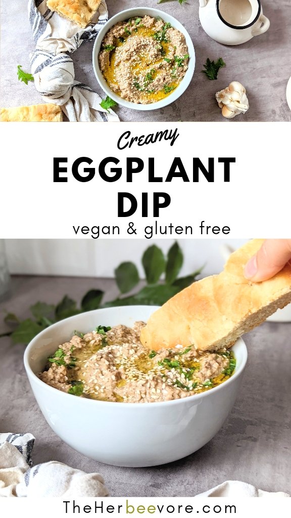 creamy eggplant dip recipe with naan flatbread dipped into a bowl of eggplant puree with sesame seed garnish.
