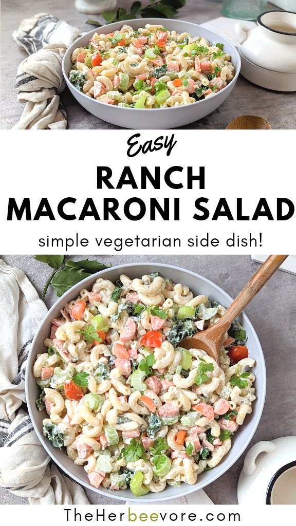 ranch macaroni salad recipe with salad dressing creamy ranch mac salad with carrots celery and herbs in a bowl.