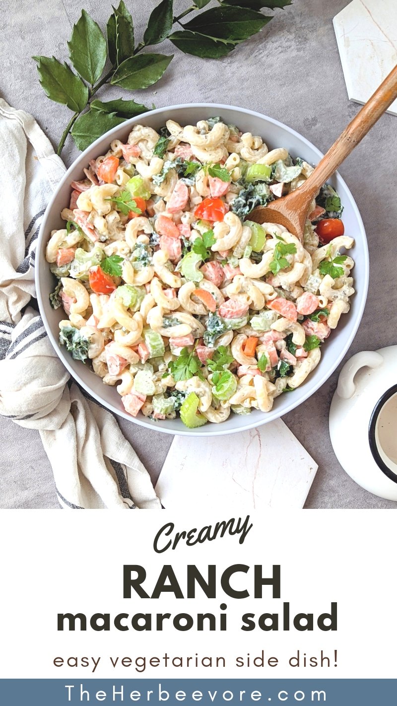 vegetarian ranch macaroni noodle salad recipe with gluten free ranch dressing for a summer bbq cookout or party appetizer or side dish.