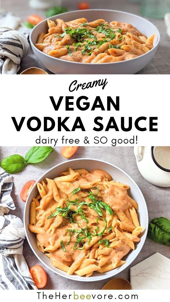 dairy free vodka sauce pasta recipe with basil tomatoes cashew cream and garlic in a bowl.