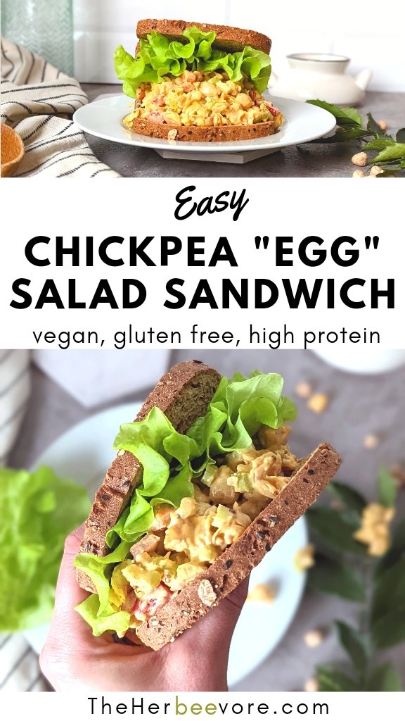 chickpea egg salad sandwich recipe with garbanzo beans mayo mustard whole wheat bread and fresh lettuce for a healthy lunch that's vegetarian.