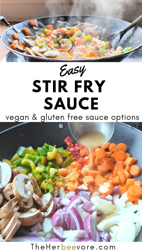 stir fry sauce made with soy sauce tamari for a gluten free version fresh garlic chili flakes and brown sugar with vegetables in a wok.