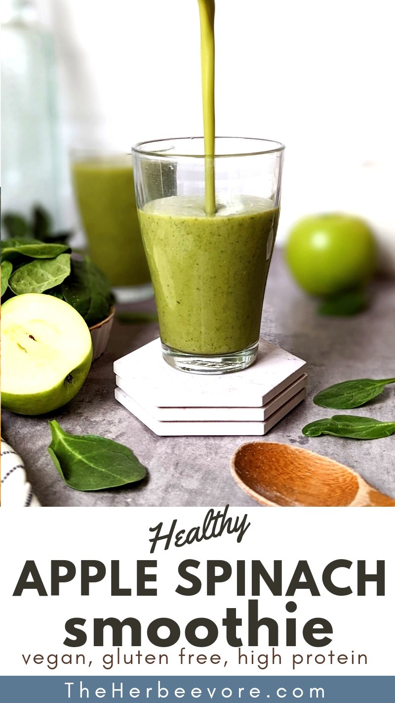 plant based apple smoothies dairy free with granny smith apples spinach and fresh or frozen fruit being poured into a glass vibrant green color.