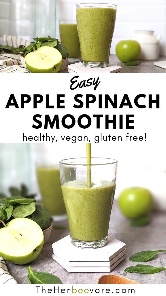 spinch apple smoothie recipe poured into a glass with a sliced apple and fresh spinach on the table healthy breakfast recipes.