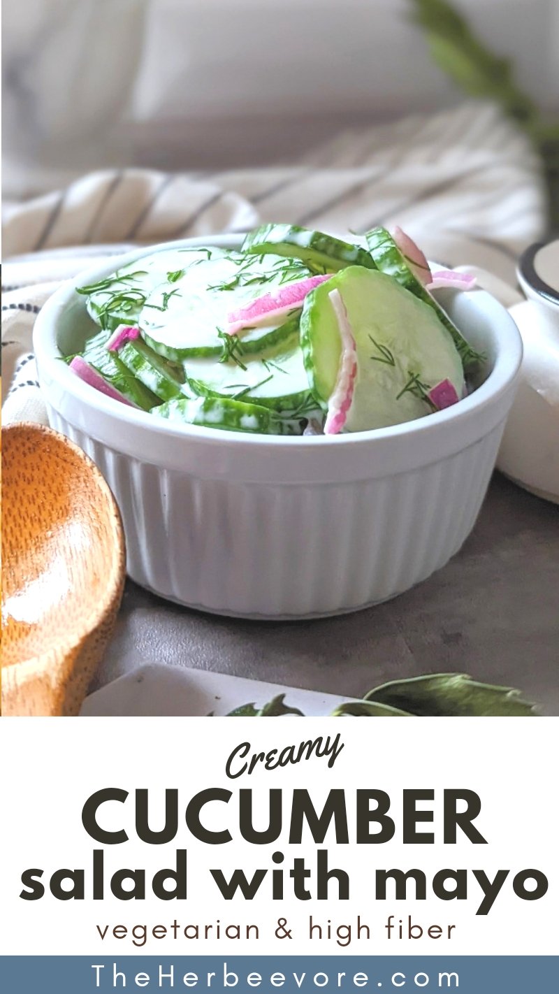 plant based cucumber salad with vegan mayo dressing vegetarian dairy free cucumber mayonnaise salad dressing for cucumbers and red onion with herbs.