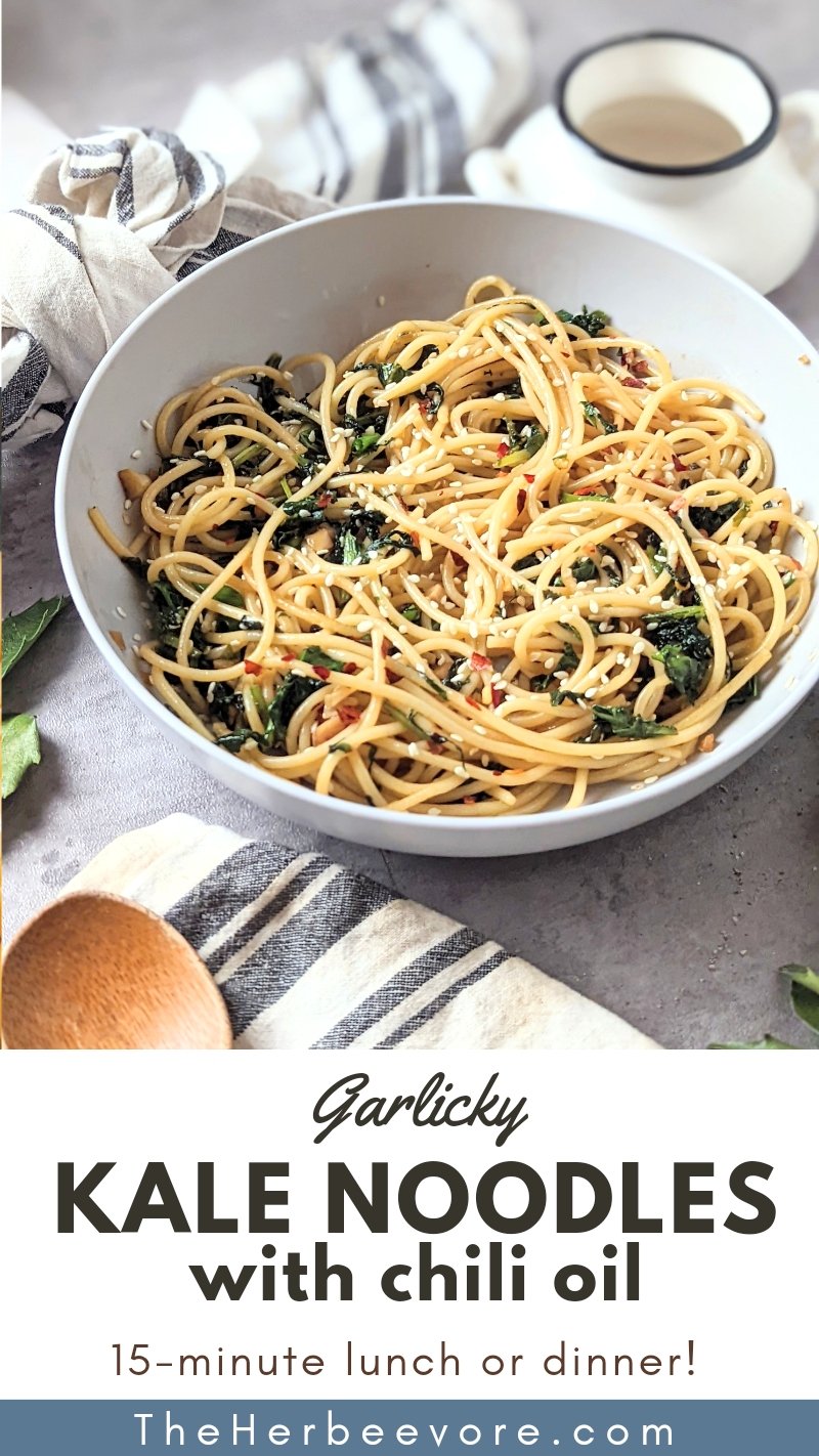 kale noodle stir fry recipe with chili oil vegan noodles with kale and garlic healthy work from home lunch recipes in 15 minutes or less.