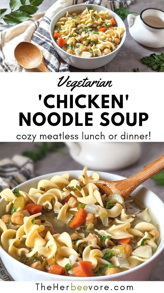 vegan chicken noodle soup without chicken garbanzo bean and noodle soup with pasta and a vegetable stock or broth.