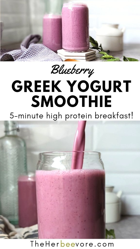 greek yogurt smoothie recipe with blueberries for a healthy high protein breakfast drink or post workout shake.