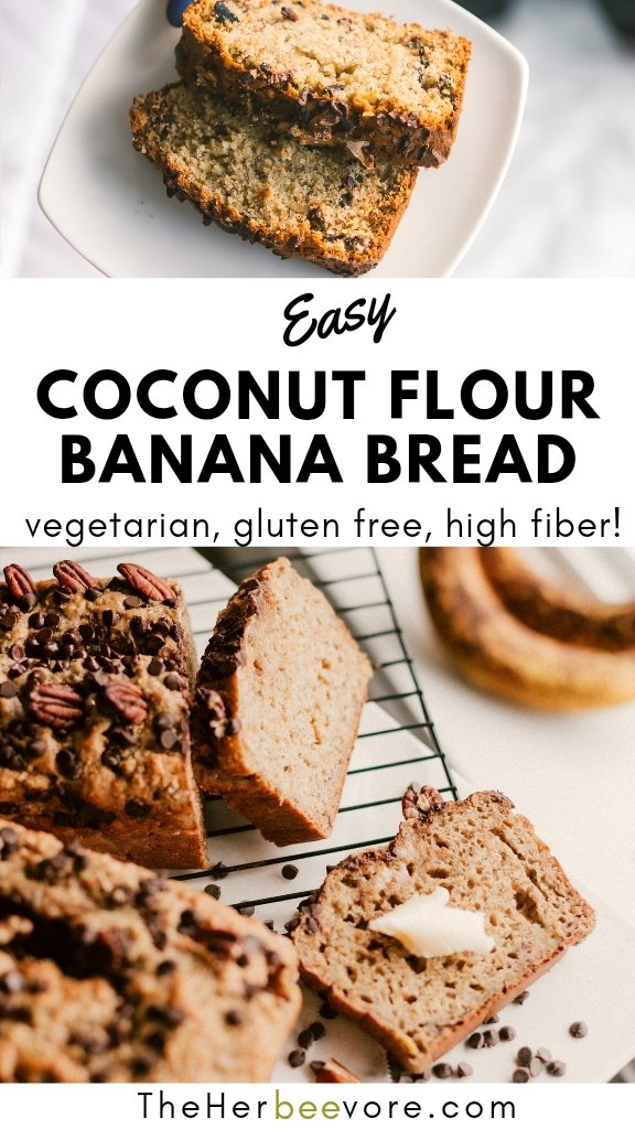 coconut flour banana bread recipe with walnuts chocolate chips butter coconut oil and cinnamon and eggs can be vegan with flaxseeds
