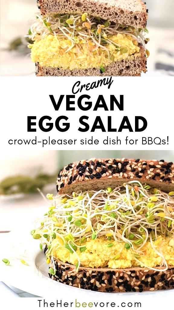 vegan egg salad recipe on whole grain bread with sesame seeds and alfalfa sprouts on a plant for an easy vegan sandwich idea.