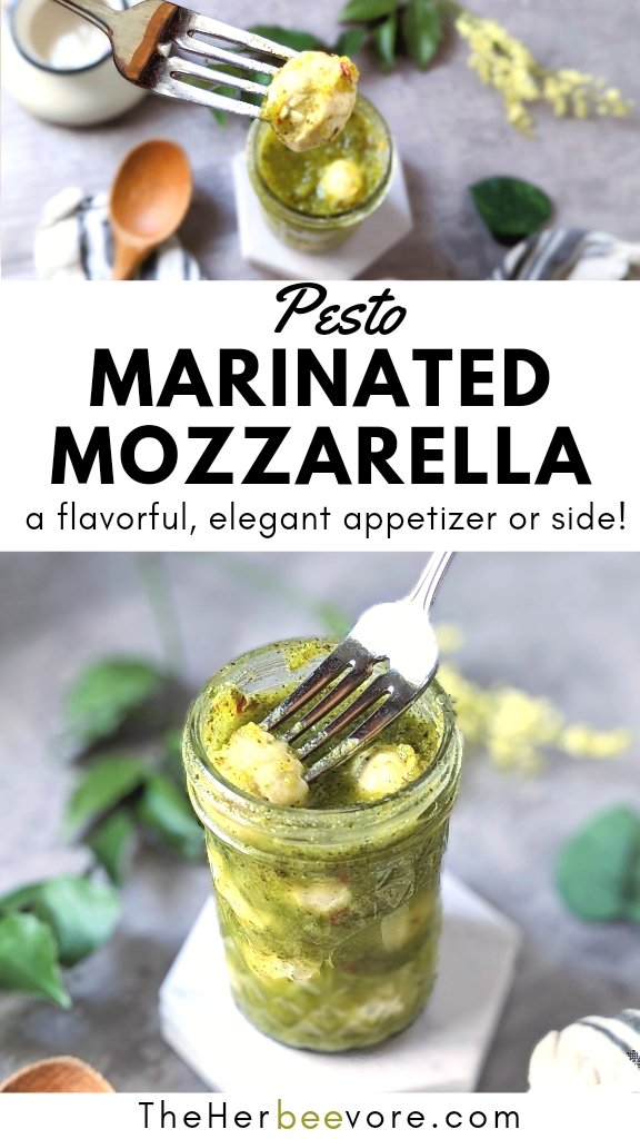 pesto mozzarella cheese recipe with basil garlic olive oil fresh herbs and red chili pepper flakes for a vegetarian and gluten free appetizer.