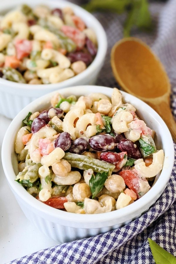 three bean macaroni salad recipe vegetarian vegan 3 bean salad with macaroni recipe healthy plant based three bean salad with kidney beans chickpeas and green beans and pasta salad plant based