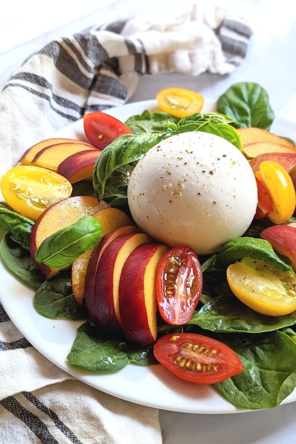 fruit and cheese summer salad recipe burrata and peach salad with balsamic and olive oil vinaigrette with basil and peach salad with cheese