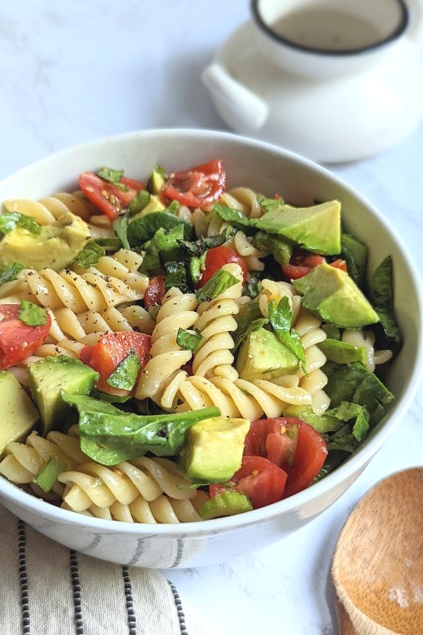 vegan caprese pasta salad recipe no cheese dairy free caprese tomato basil pasta salad with avocado california inspired cuisine recipes