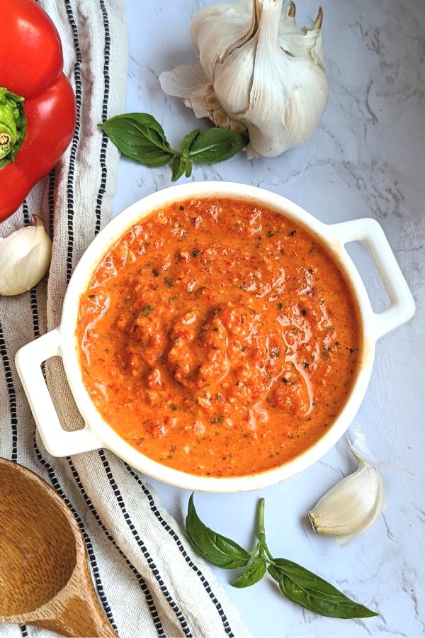 roasted red pepper romesco dip recipe easy pesto with peppers basil garlic chili flakes and olive oil no cheese dairy free pesto with peppers