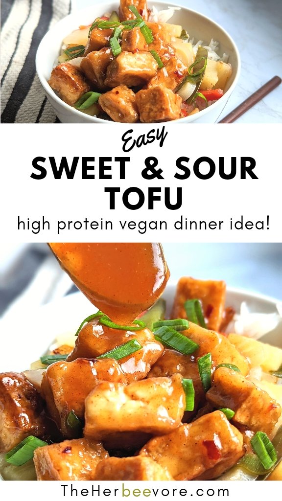 sweet and sour tofu recipe crispy tofu with pineapple sauce and green onions in a bowl over steamed jasmine rice
