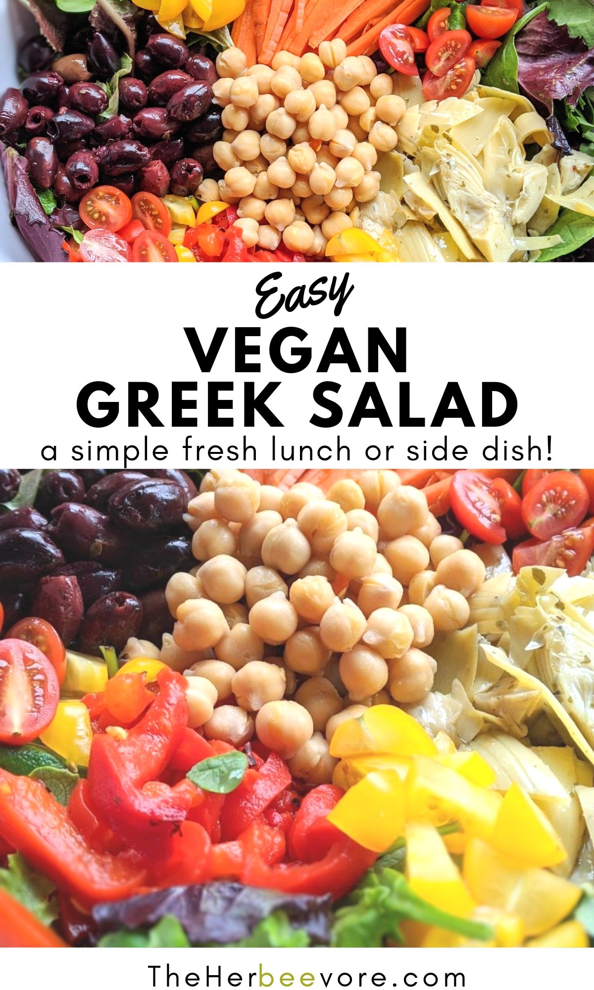 vegan greek salad recipe with dairy free feta homemade red wine vinaigrette with garlic and rainbow vegetables
