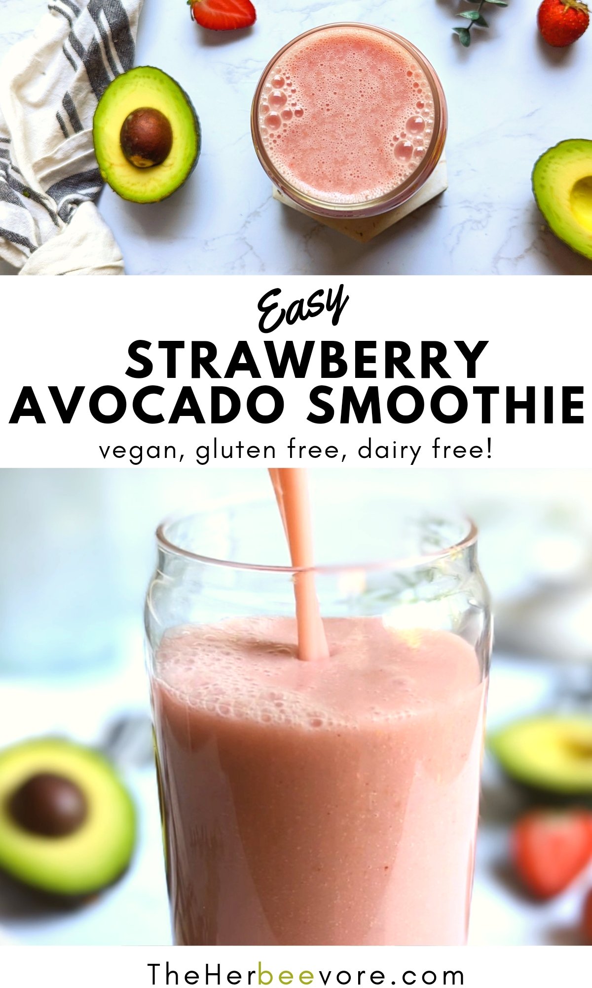 strawberry avocado smoothie recipe with banana flax water avocadoes and strawberries vegan gluten free no milk no yogurt