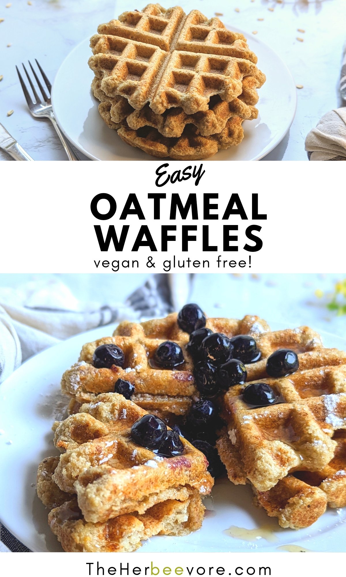 vegan oatmeal waffles recipe with flax rolled oats blueberries maple syrup for a healthy gluten free breakfast