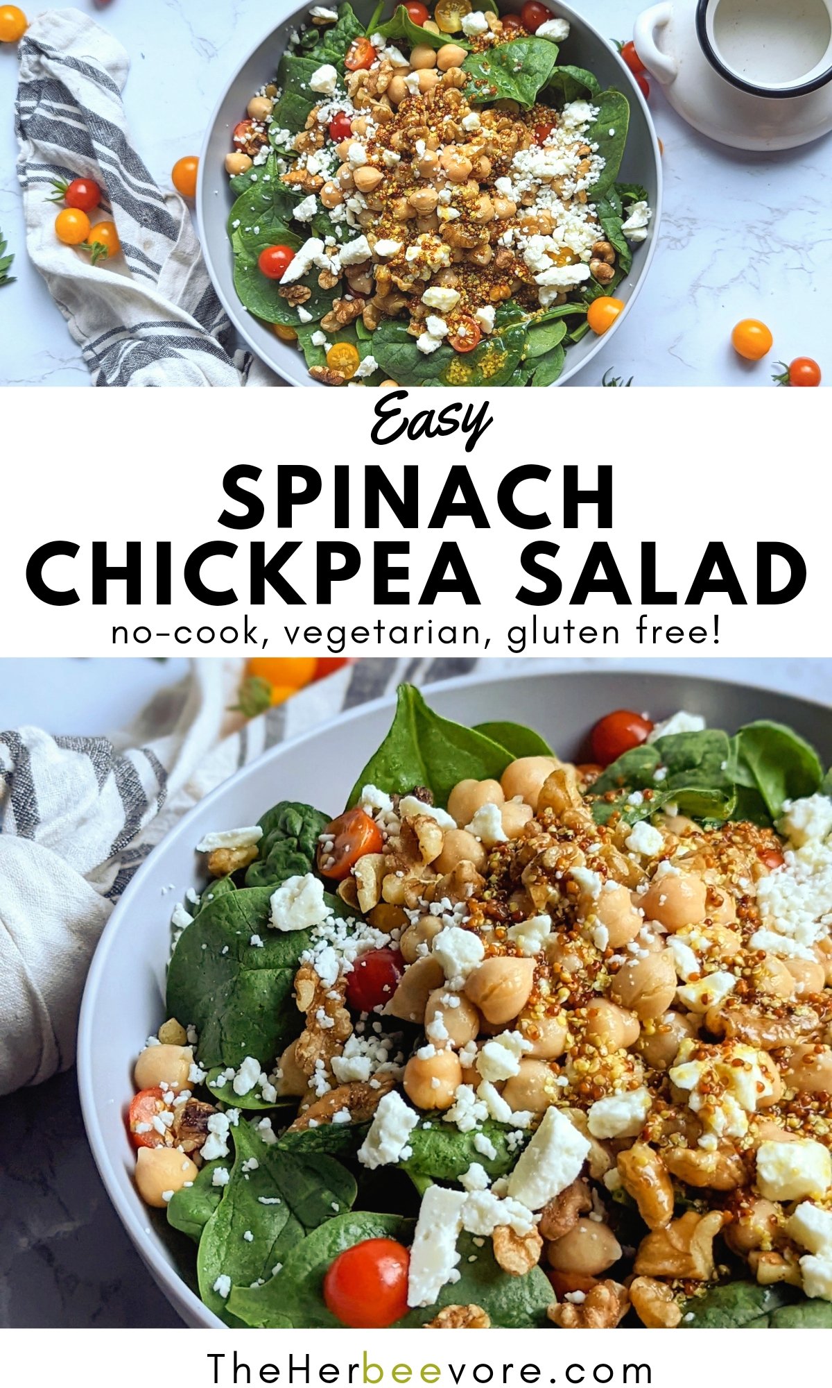 spinach chickpea salad recipe vegetarian gluten free summer salads with garden tomatoes walnuts and feta cheese with homemade lemon dressing