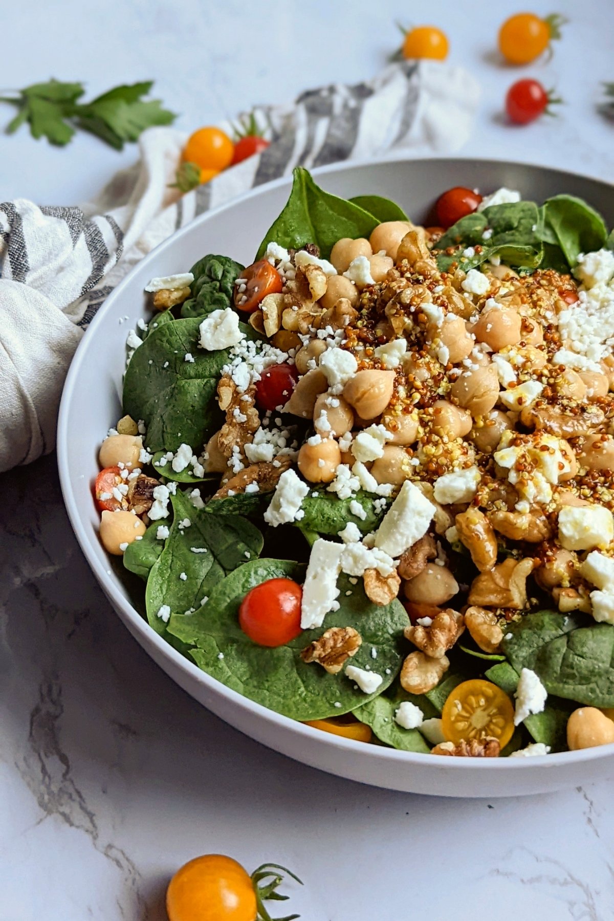 chickpea salad with spinach feta cheese garbanzo bean and spinach salad with tomatoes and dijon mustard dressing