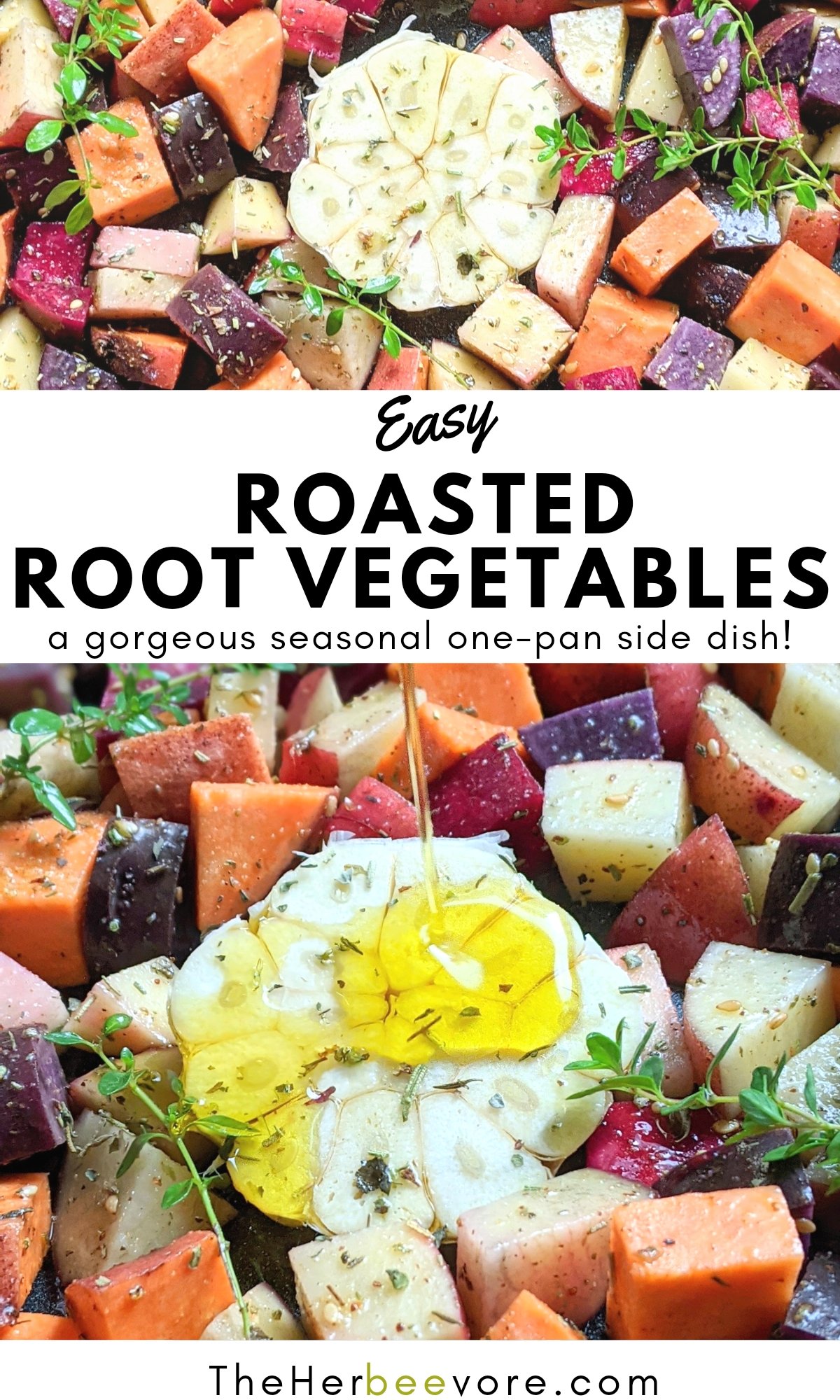 roasted root vegetables with thyme rosemary beets butternut squash carrots and potatoes vegan vegetarian gluten free sheet pan veggies