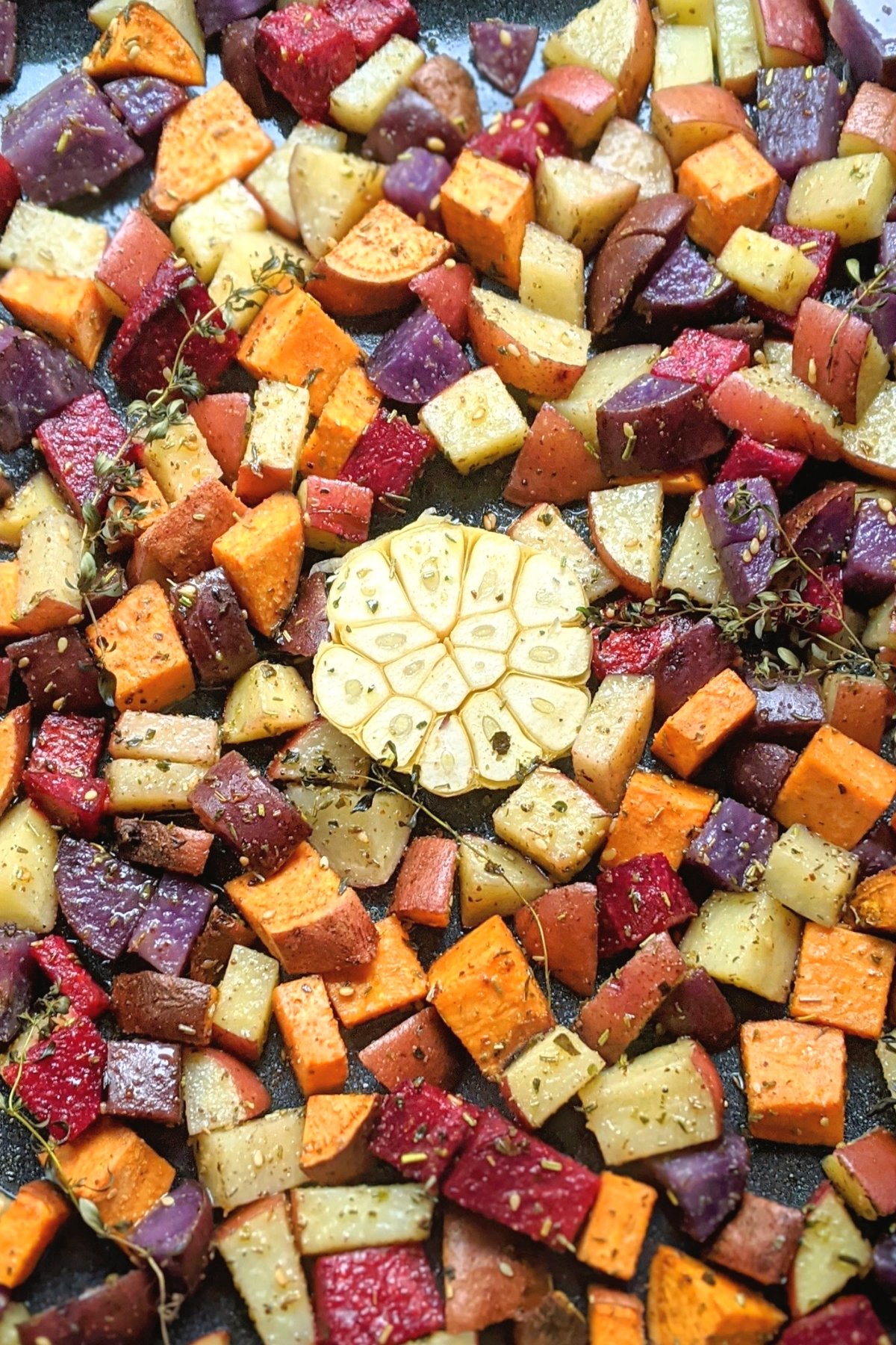 fall roasted vegetables with carrots beets squash potatoes tomatoes roasted garlic olive oil and spices vegan vegetarian dairy free no cheese vegetable recipes fancy side dishes elegant