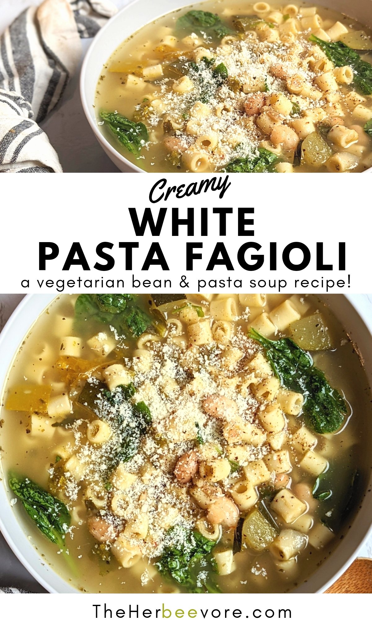 white pasta fagioli recipe with beans ditalini pasta spinach parmesan cheese celery and vegetable stock