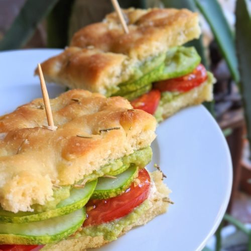 garden focaccia sandwich recipe with homemade green goddess hummus vegan vegetarian gluten free meatless meal ideas for summer sandwiches