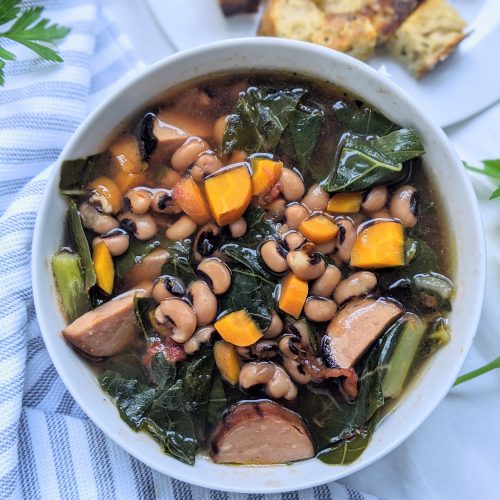 vegan black eyed pea soup with sausage and collard greens recipe healthy new years day recipes gluten free high protein meal prep soup recipes