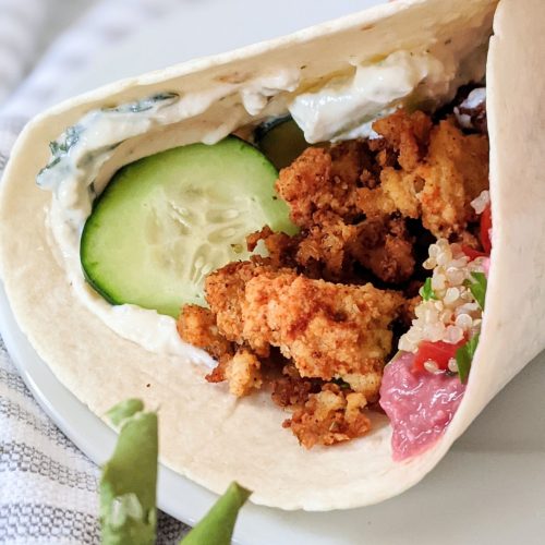 tofu shawarma with tzatziki gluten free tofu recipes sheet pan shawarmas with tofu in a pita with cucumbers tabbouleh and creamy garlic sauce