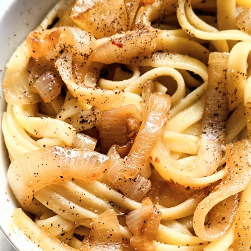 vegan onion alfredo sauce with caramelised onion pasta gluten free noodles with onions recipe with gluten free linguine or fettuccini and caramelized onions in the dutch oven