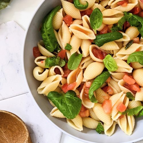 gluten free bruschetta pasta salad recipe with fresh tomatoes for dinner side dishes with cherry tomatoes tomato recipes with garden produce healthy summer tomato recipes pasta