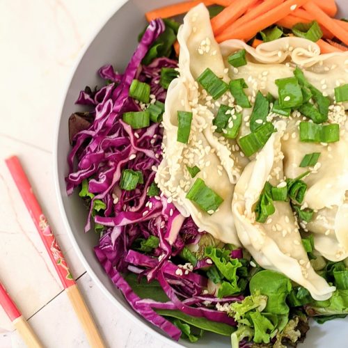vegan pot sticker salad recipe gluten free gyoza salad with asian dumplings 15 minute filling salads for lunch or dinner plant based recipes with dumplings