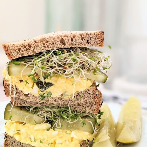 dill pickle egg salad sandwich recipe keto low carb egg salad with pickles dill pickles on a sandwich and also sprouts on keto certified bread